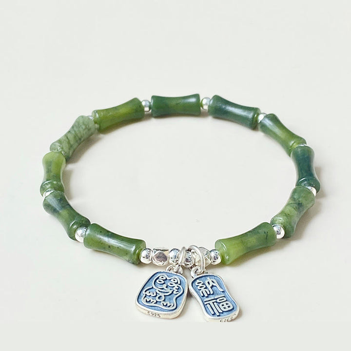 Bracciale Buddha Stones 925 Sterling Silver Bamboo Jade Lucky Cat Fu Character Luck Abundance