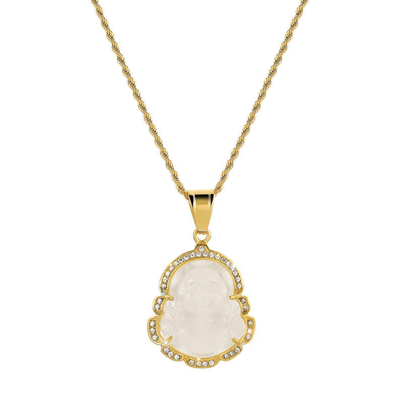 Collana con ciondolo a forma di Buddha in giada con Buddha che ride, riempita in oro 18 carati, Buddha Stones - Bianco - image 7