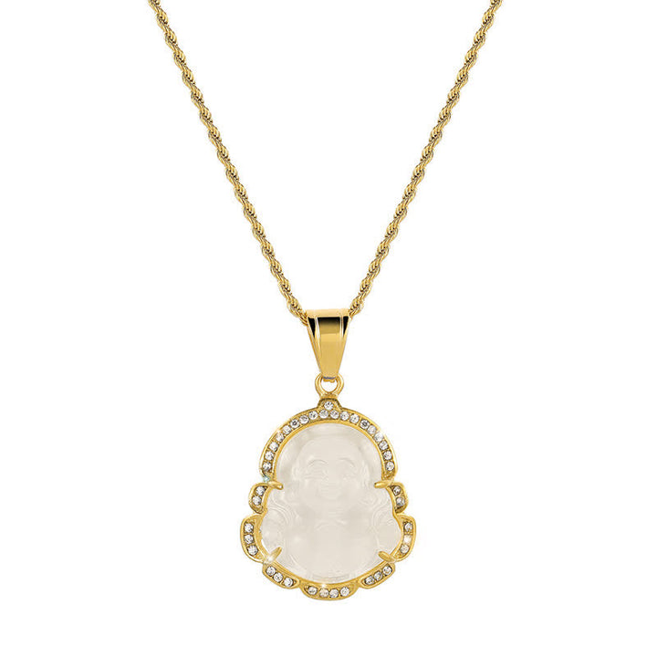 Collana con ciondolo a forma di Buddha in giada con Buddha che ride, riempita in oro 18 carati, Buddha Stones - Bianco - image 7