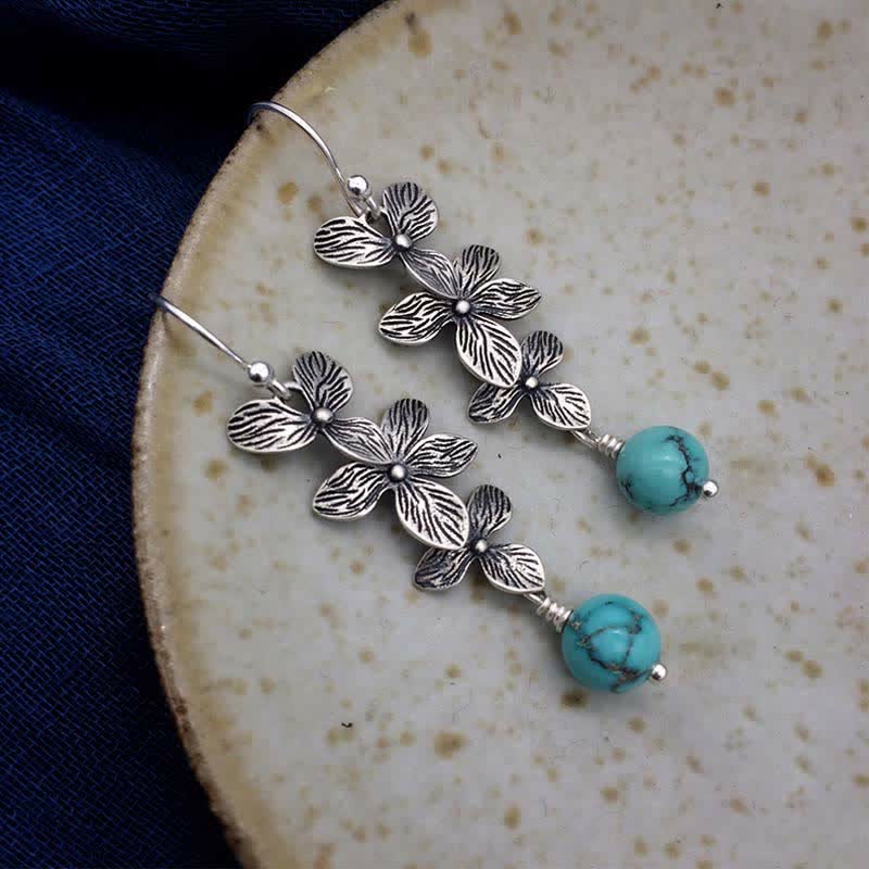 Orecchini pendenti con ciondolo a forma di fiore, foglia, turchese, lazurite, pietre Buddha Stones , argento sterling 925