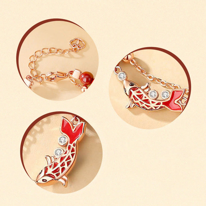 Bracciale a catena a doppio strato con zirconi e cinabro, in argento sterling 925, con pesce koi portafortuna, Buddha Stones