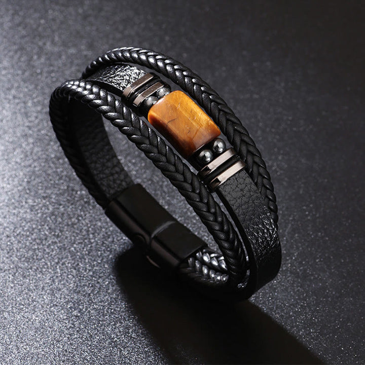 Braccialetto in pelle multistrato con fibbia magnetica e occhio di tigre Buddha Stones