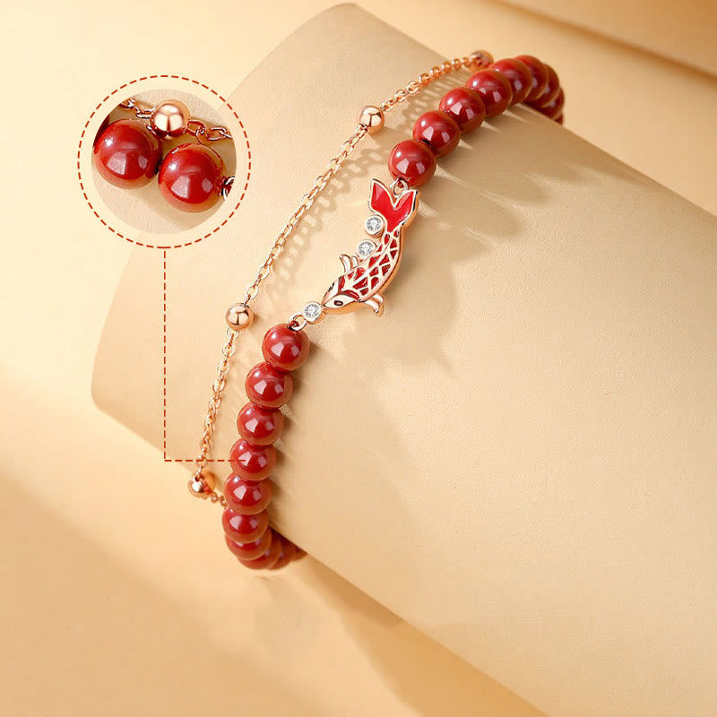 Bracciale a catena a doppio strato con zirconi e cinabro, in argento sterling 925, con pesce koi portafortuna, Buddha Stones