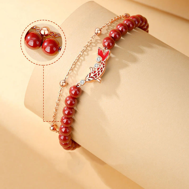Bracciale a catena a doppio strato con zirconi e cinabro, in argento sterling 925, con pesce koi portafortuna, Buddha Stones