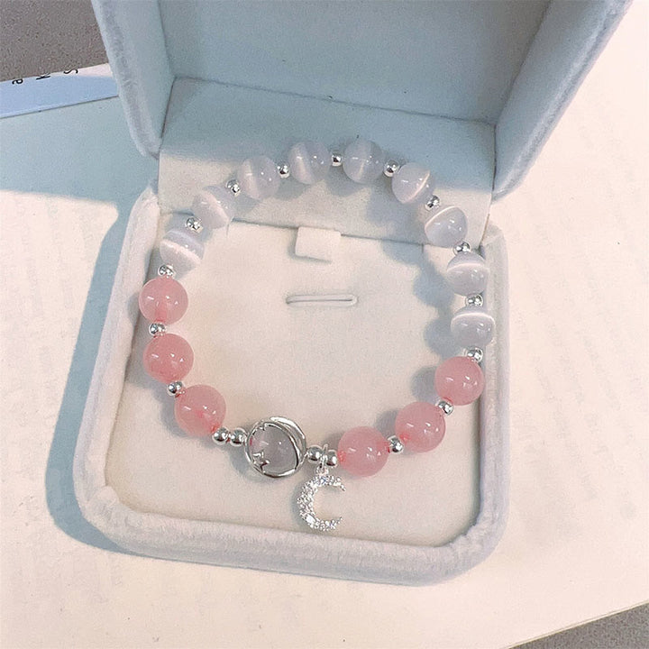 Braccialetto con ciondolo a forma di luna e cristallo rosa occhio di gatto naturale Buddha Stones