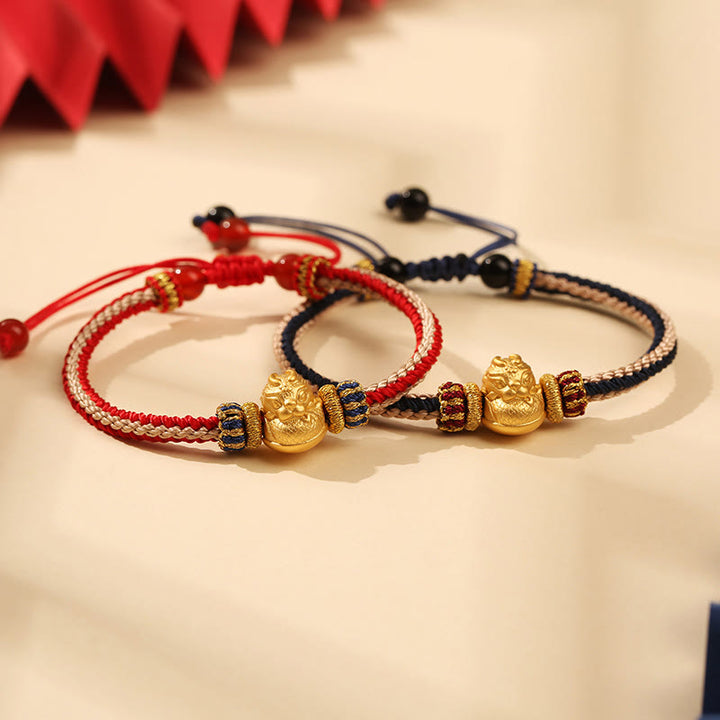 Braccialetto intrecciato fatto a mano in argento Buddha Stones 925 con drago bambino, fortuna e forza