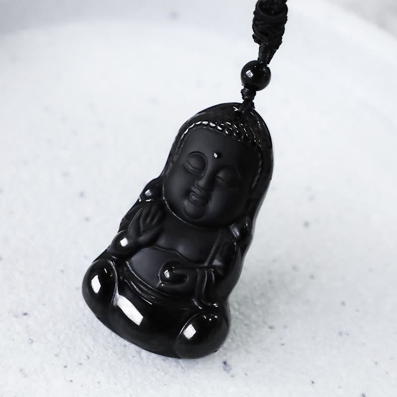Buddha Stones Ossidiana nera naturale Cristallo Buddha Forza Protezione Amuleto Portafortuna Collana Pendente - image 7