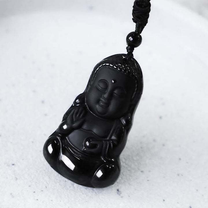 Buddha Stones Ossidiana nera naturale Cristallo Buddha Forza Protezione Amuleto Portafortuna Collana Pendente - image 7