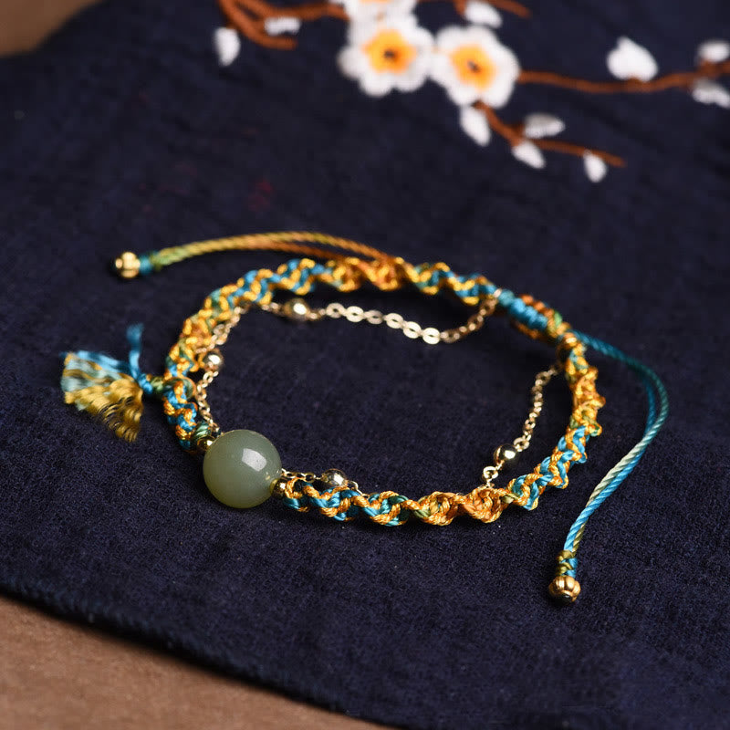 Braccialetto a doppio strato con perline di giada e corda colorata fatta a mano Buddha Stones