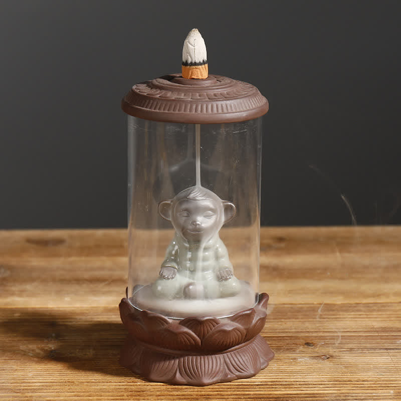 Meditazione Wukong Monkey King Argilla Viola Parabrezza Loto Fontana di Fumo a Riflusso Bruciatore di Incenso Decorazione