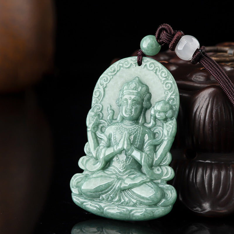 Collana con corda di benedizione dell'amuleto in giada naturale Avalokitesvara a quattro braccia - image 7