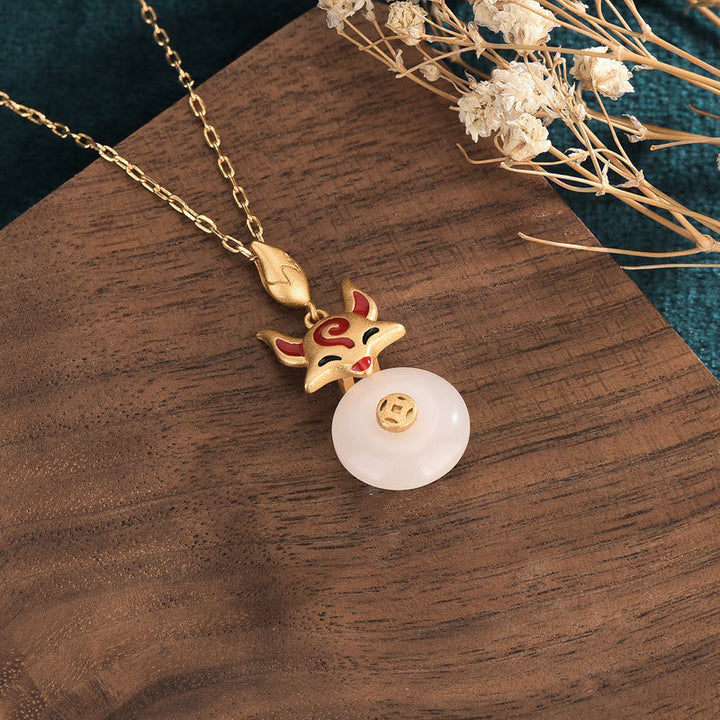 Buddha Stones Giada Bianca Volpe Moneta di Rame Protezione Fortuna Collana Pendente