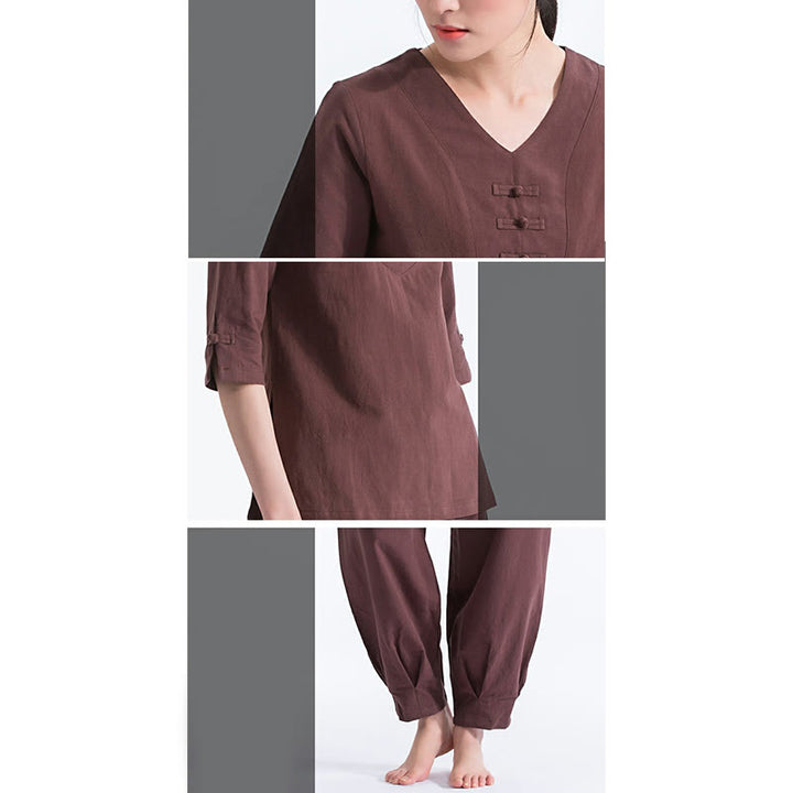 Buddha Stones Yoga Meditazione Preghiera Scollo a V Design Cotone Lino Abbigliamento Uniforme Zen Pratica Set da Donna