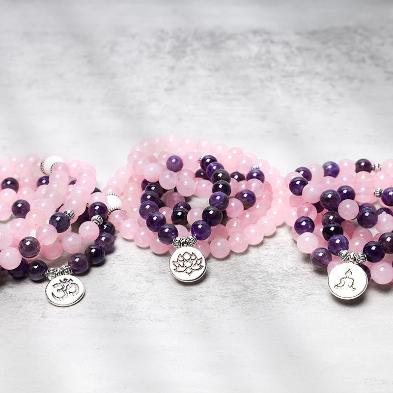 Bracciale con ciondolo di loto in perline di Mala in quarzo rosa naturale e ametista Buddha Stones