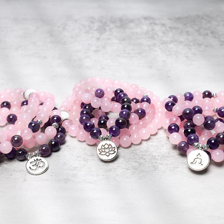 Bracciale con ciondolo di loto in perline di Mala in quarzo rosa naturale e ametista Buddha Stones