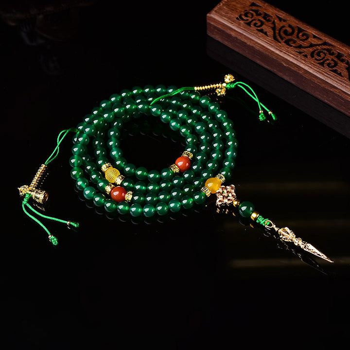 Buddha Stones 108 Perle Agata Verde Naturale Braccialetto Mala