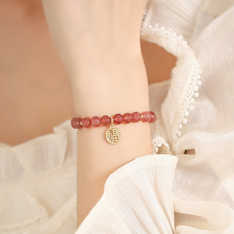 Braccialetto con ciondolo curativo in quarzo fragola placcato oro 14K Buddha Stones Fu