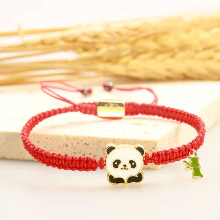 Braccialetto portafortuna rosso in bambù con panda fatto a mano in tibetano con Buddha Stones