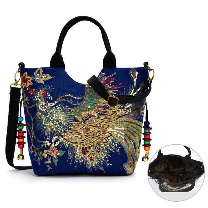 Borsa a tracolla con ricamo a doppia faccia con Buddha Stones e pavone