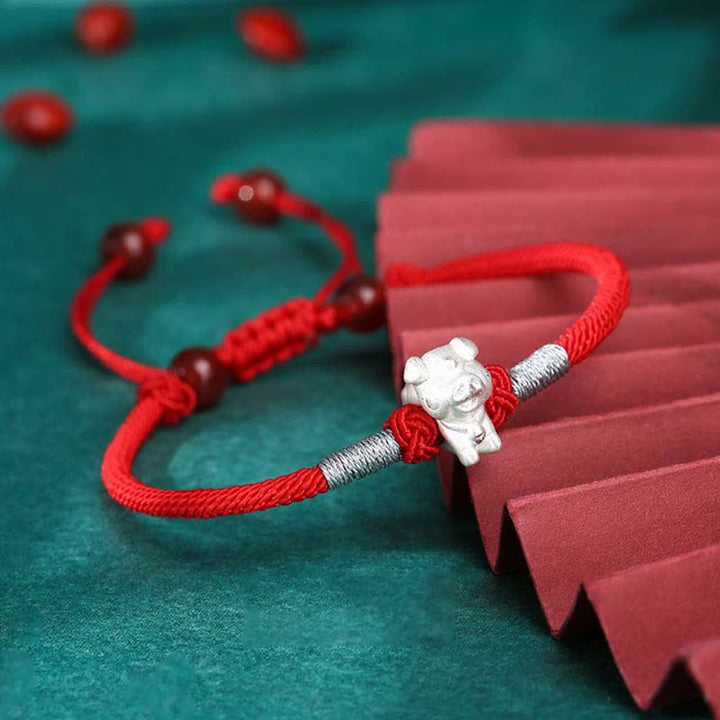 Braccialetto in corda rossa con Buddha Stones in argento sterling 999, zodiaco cinese, fortuna e forza - Maiale (misura del braccialetto 15,5 cm + 8 cm) - image 17