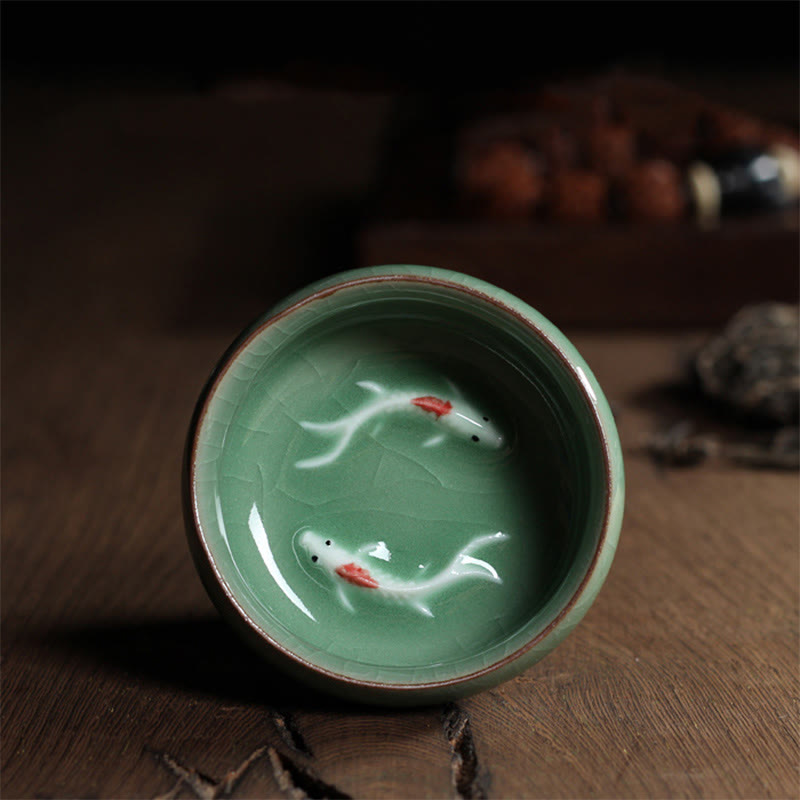 Buddha Stones Koi Fish colorato Tazza da tè in ceramica Kung Fu Tazza da tè Ciotola - Pesce Koi verde scuro 6,8 cm * 3,4 cm * 55 ml - image 23