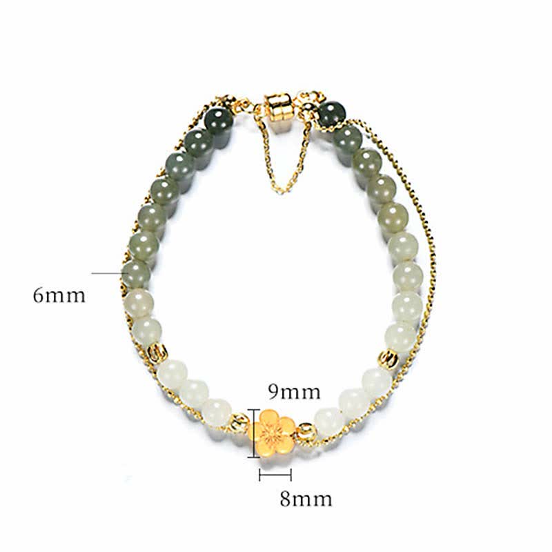 Bracciale Buddha Stones in argento sterling 925 con giada naturale Hetian e fiori di pesco