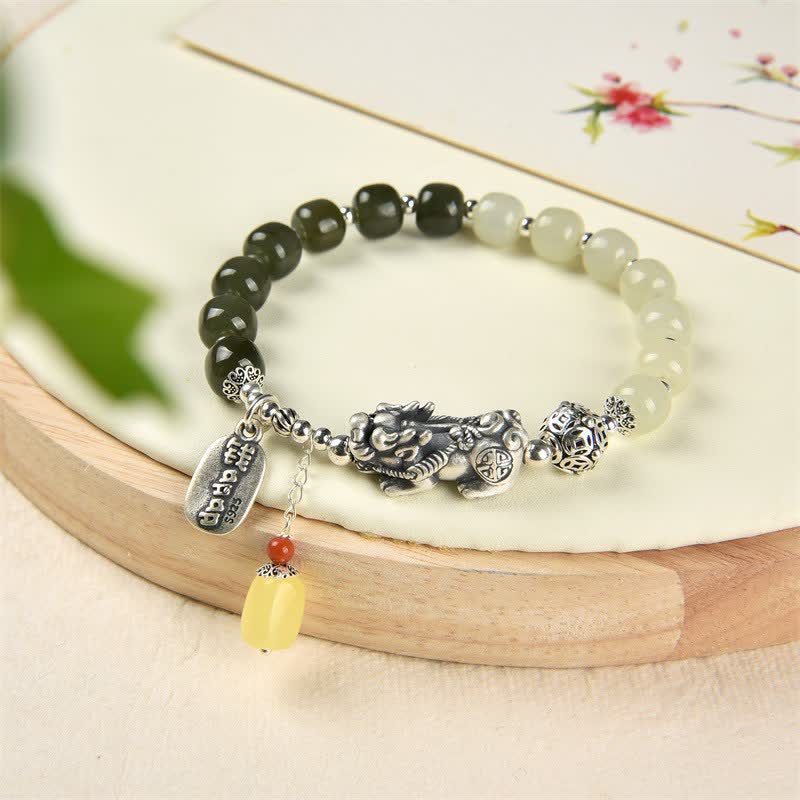Braccialetto della fortuna PiXiu in argento sterling 925 Buddha Stones e giada naturale di Hetian e ambra