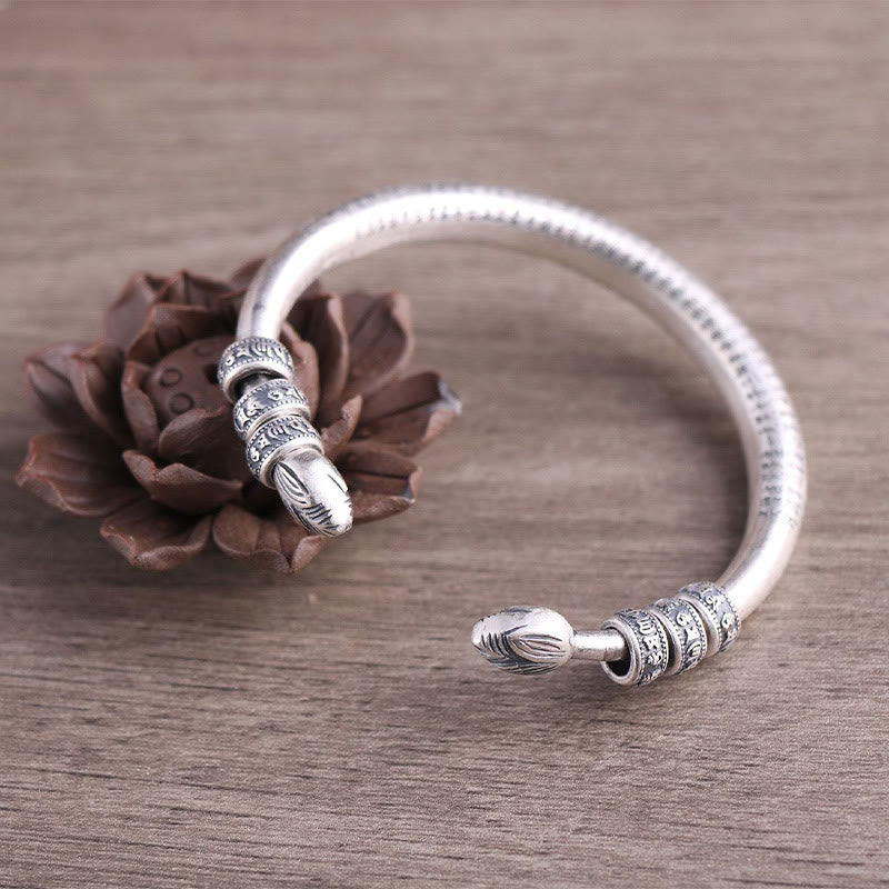Buddha Stones 999 Sterling Silver Heart Sutra Om Mani Padme Hum Inciso Peace Purezza Bracciale Bangle - image 1