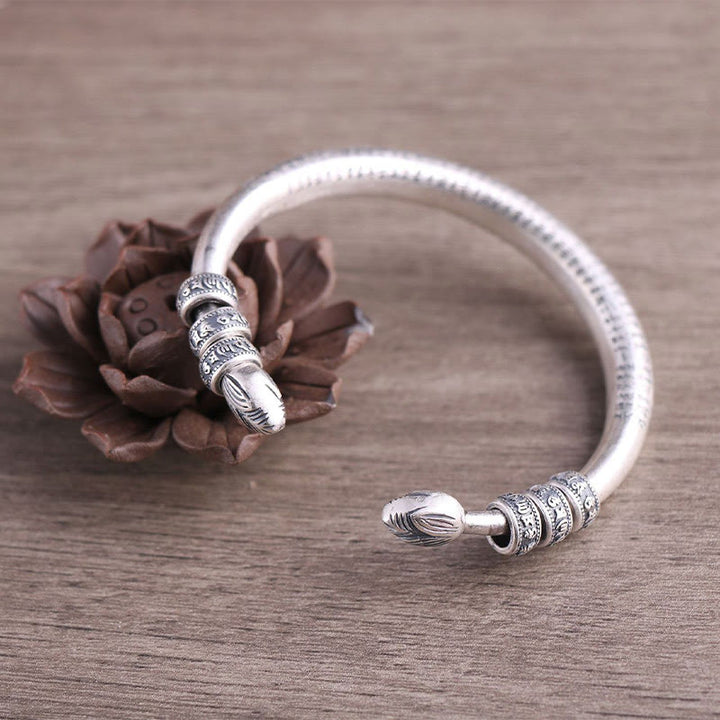Buddha Stones 999 Sterling Silver Heart Sutra Om Mani Padme Hum Inciso Peace Purezza Bracciale Bangle - image 1