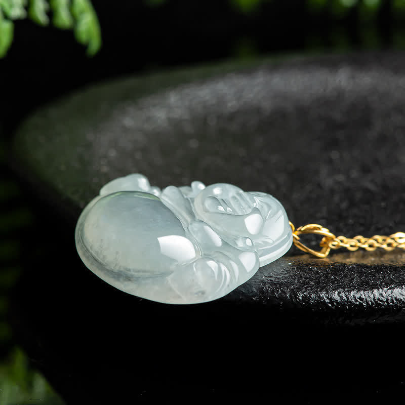 Collana con ciondolo Buddha ridente in giada naturale e oro 18 carati con abbondanza - image 4
