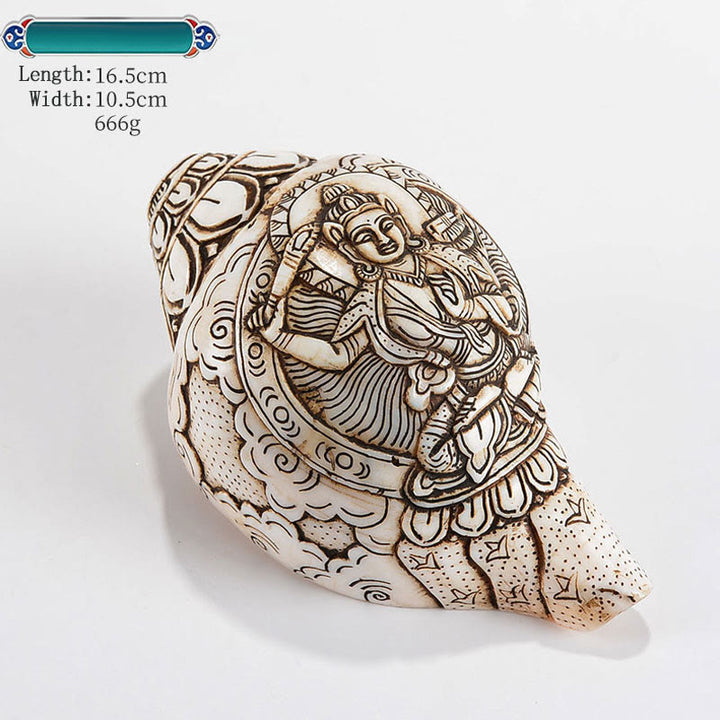 Decorazione di ricchezza di conchiglia di conchiglia di Avalokitesvara Buddha tibetano inciso a mano Shankha