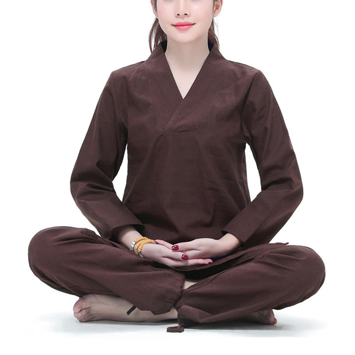 Buddha Stones Zen Pratica Yoga Meditazione Preghiera Scollo a V Design Uniforme Cotone Lino Abbigliamento Donna Set - Marrone - US6, UK/AU10, EU38 (2XL) - image 10