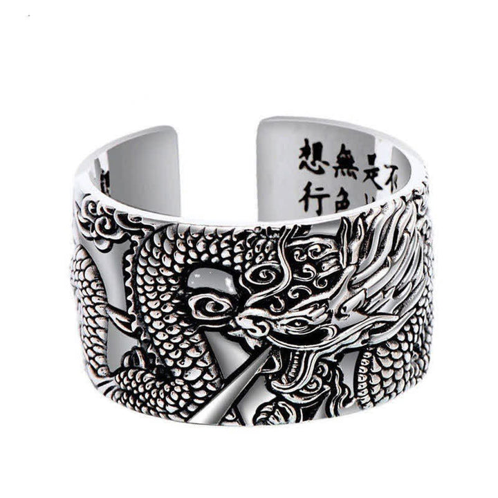 Anello di protezione e successo con motivo intagliato a drago in argento sterling 999 Buddha Stones