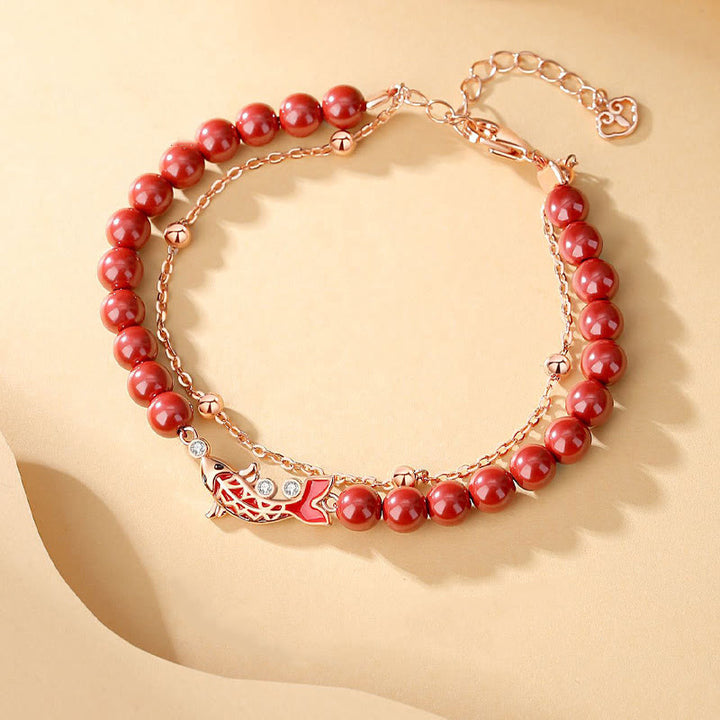 Bracciale a catena a doppio strato con zirconi e cinabro, in argento sterling 925, con pesce koi portafortuna, Buddha Stones