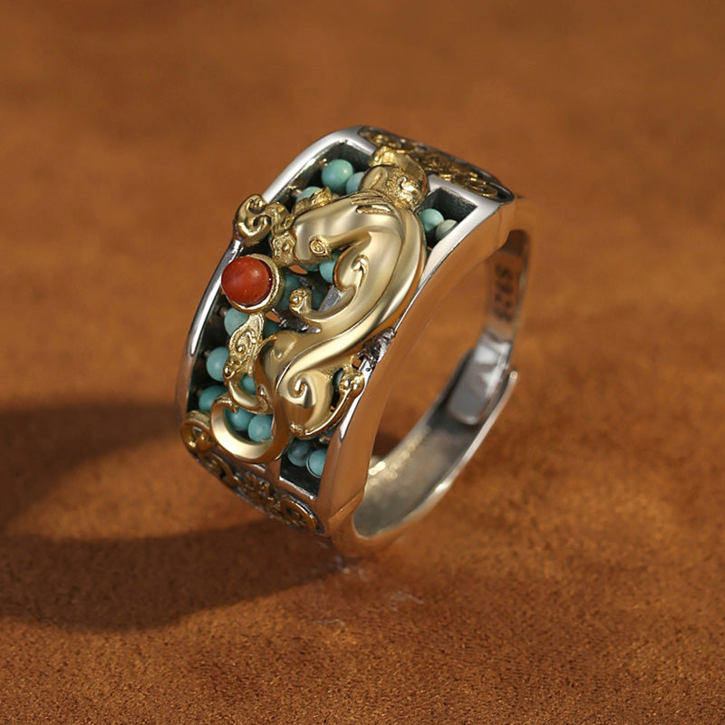 Anello di protezione PiXiu Abacus in argento sterling 925 Buddha Stones e agata rossa turchese