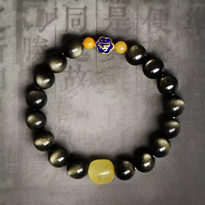 Bracciale Buddha Stones 925 Sterling Silver Zodiaco Cinese Buddha Natale Naturale Oro Lucentezza Ossidiana Ambra Protezione Ricchezza - image 3