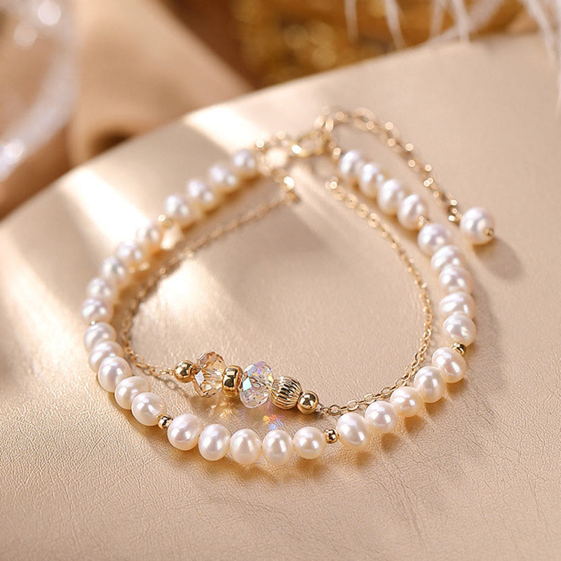 Bracciale Buddha Stones in argento sterling 925 placcato oro 14k con perle naturali e cristalli curativi a doppio strato - image 1
