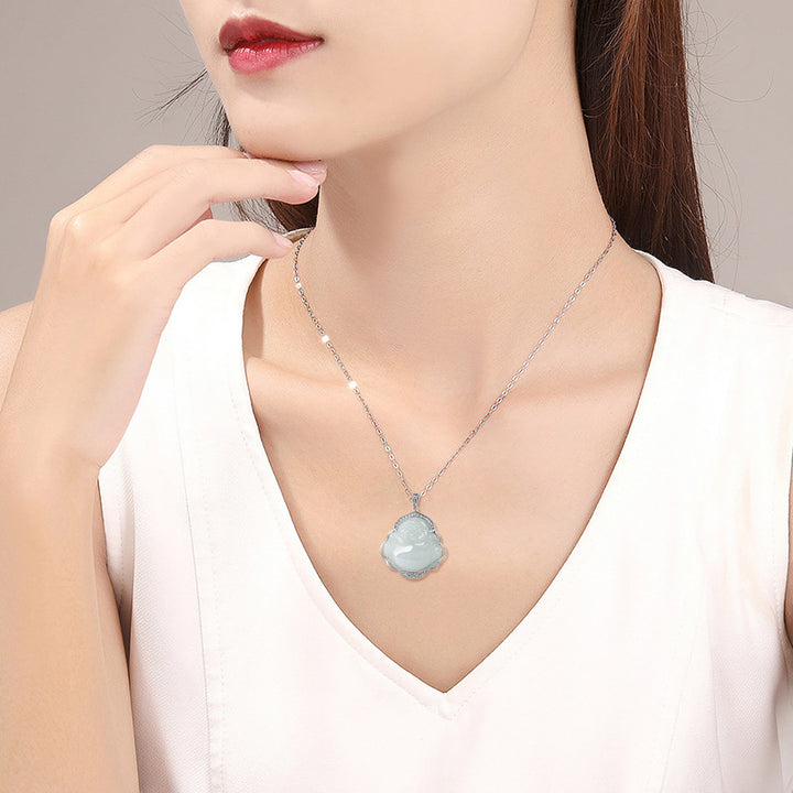 Collana con Buddha Stones che ride, giada naturale, abbondanza, catena in acciaio al titanio - image 2