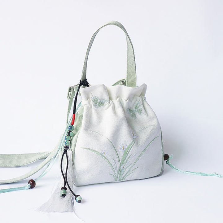 Borsa a tracolla in tela con fiori ricamati a mano con Buddha Stones