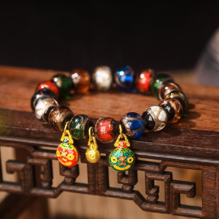 Buddha Stones Cinque Elementi Oro Bestia che deglutisce Fascino Famiglia Braccialetto Portafortuna con Perline di Vetro Liuli