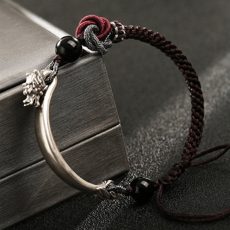 Bracciale intrecciato a mano in argento sterling 925 con drago di buon auspicio Buddha Stones