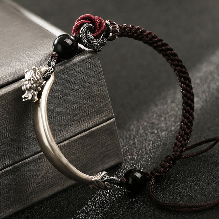 Bracciale intrecciato a mano in argento sterling 925 con drago di buon auspicio Buddha Stones