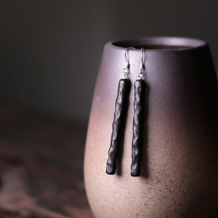 Orecchini pendenti Buddha Stones 925 Sterling Silver Ebony Wood Texture Balance Peace Drop