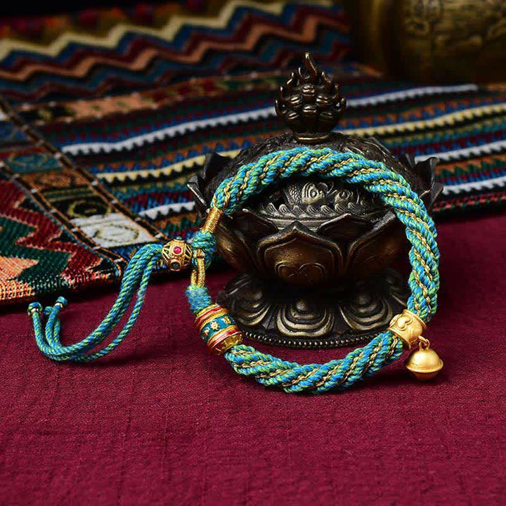Braccialetto con ciondolo a forma di campana della ruota di preghiera tibetana, fatto a mano, con protezione dalla fortuna, Thangka