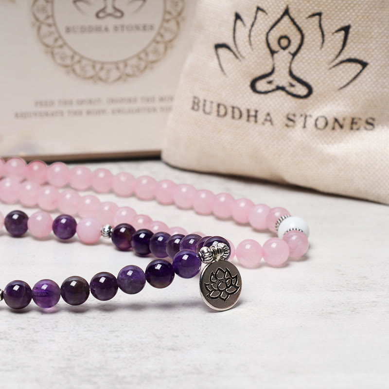 Bracciale con ciondolo di loto in perline di Mala in quarzo rosa naturale e ametista Buddha Stones