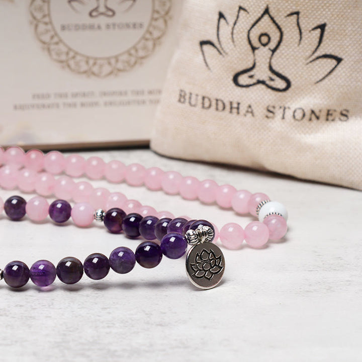 Bracciale con ciondolo di loto in perline di Mala in quarzo rosa naturale e ametista Buddha Stones