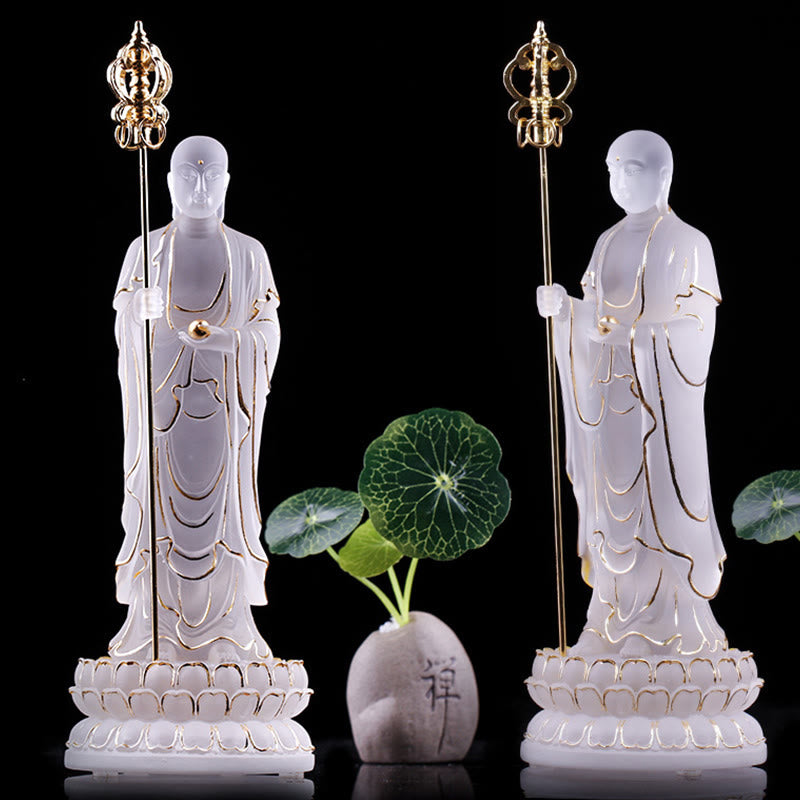 Buddha Stones fatte a mano Ksitigarbha Bodhisattva Figurina Liuli Cristallo Pezzo d'arte Statua della serenità Decorazione per la casa