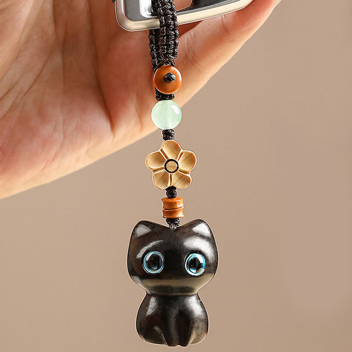 Buddha Stones Mini Piccola Foglia Sandalo Rosso Legno di Ebano Gatto Fortunato Adorabile Gattino Pace Portachiavi Telefono Appeso Decorazione - image 7