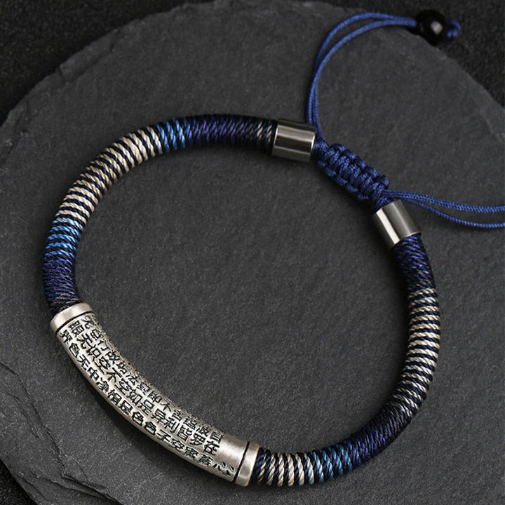 Braccialetto intrecciato fatto a mano con Buddha Stones in argento sterling 999 e cuore Sutra Calma