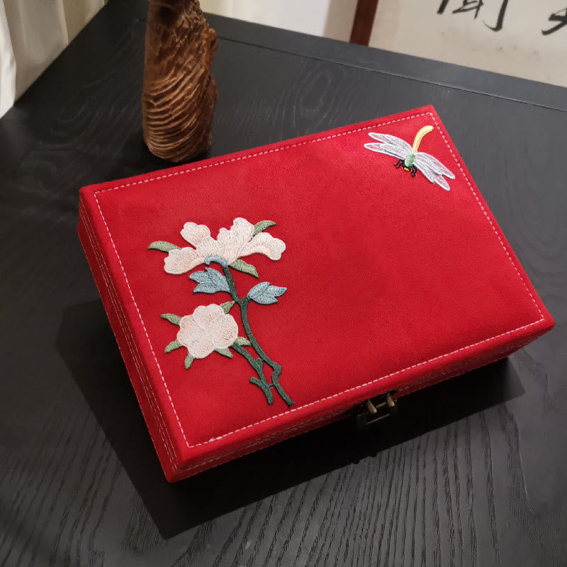 Buddha Stones Flowers Dragonfly Jewelry Box Organizer Scatola portaoggetti per gioielli a strato singolo Scatola di flanella